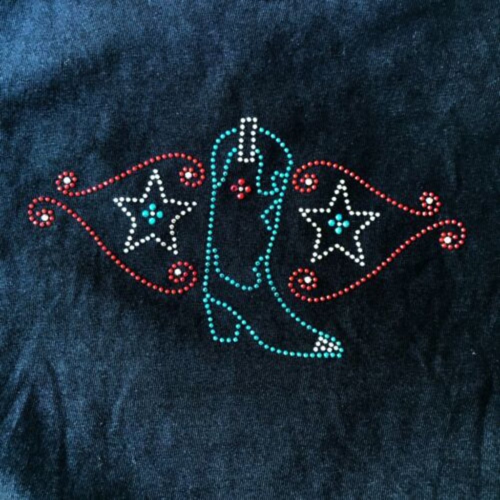 Quail Hollow Cowgirl Tee top Medium Black Boot Stars Crystal Accents NWO…
